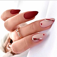 Mervf Almond Press On Nails Medium Fake Nails Red Stiletto Acrylic Nails With Hearts Design 24Pcs Glossy Glue On Nails Full Cove