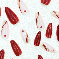 Mervf Almond Press On Nails Medium Fake Nails Red Stiletto Acrylic Nails With Hearts Design 24Pcs Glossy Glue On Nails Full Cove