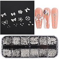 3D Metal Nail Charms Silver Gold Nail Studs Ribbons Flowers Shaped Metal Rivets Charms Y2K Nail Art Jewels Mixed Rhinestones Cav