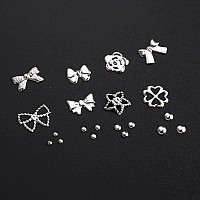 3D Metal Nail Charms Silver Gold Nail Studs Ribbons Flowers Shaped Metal Rivets Charms Y2K Nail Art Jewels Mixed Rhinestones Cav