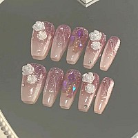 Rikview Coffin Press On Nails Long Acrylic Nails With 3D Flowers Pink Fake Nails Glossy Nails For Women 24 Pcsset