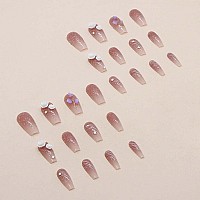 Rikview Coffin Press On Nails Long Acrylic Nails With 3D Flowers Pink Fake Nails Glossy Nails For Women 24 Pcsset