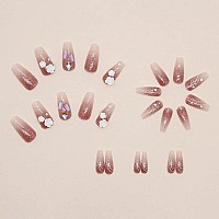 Rikview Coffin Press On Nails Long Acrylic Nails With 3D Flowers Pink Fake Nails Glossy Nails For Women 24 Pcsset