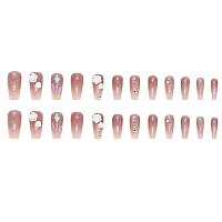 Rikview Coffin Press On Nails Long Acrylic Nails With 3D Flowers Pink Fake Nails Glossy Nails For Women 24 Pcsset