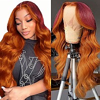 haha Ginger Ombre Lace Front Wig Human Hair 13x4 Hd Lace Frontal Wig Body Wave Red Orange Skunk Stripe Wig Human Hair Highlight Lace Front Wig Pre Plucked Colored 150% Density 20 Inch