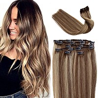 Clip in Hair Extensions Real Human Hair, Ombre Brown to Ash Blonde Highlights Real Hair Extensions Clip in Human Hair,16Inch 7Pcs Double Weft Remy Human Hair Clip in Extensions 70G for Women