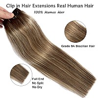 Clip in Hair Extensions Real Human Hair, Ombre Brown to Ash Blonde Highlights Real Hair Extensions Clip in Human Hair,16Inch 7Pcs Double Weft Remy Human Hair Clip in Extensions 70G for Women