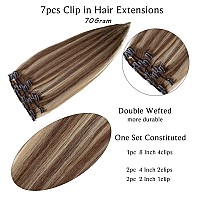 Clip in Hair Extensions Real Human Hair, Ombre Brown to Ash Blonde Highlights Real Hair Extensions Clip in Human Hair,16Inch 7Pcs Double Weft Remy Human Hair Clip in Extensions 70G for Women