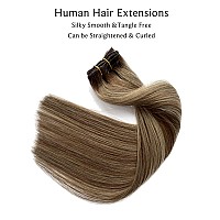 Clip in Hair Extensions Real Human Hair, Ombre Brown to Ash Blonde Highlights Real Hair Extensions Clip in Human Hair,16Inch 7Pcs Double Weft Remy Human Hair Clip in Extensions 70G for Women