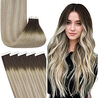 Fshine Ombre Tape In Hair Extensions Human Hair 14 Inch Brown Fading To Ash Blonde And Platinum Blonde Tape In Hair Extensions R