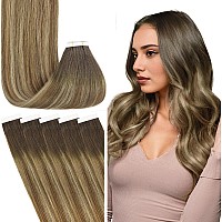 Fshine Tape In Hair Extensions Ombre Darkest Brown Fading To Brown And Caramel Blonde Tape In Human Hair Extensions 14 Inch Soft