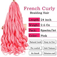 French Curly Braiding Hair 24 Inch 8 Packs Pink Color Pre Stretched Bouncy Braiding Hair Loose Wavy Braiding Hair Synthetic H