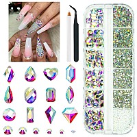 Qiipii 2052Pcs Crystal Ab Nail Rhinestones Ab Crystal Nail Charms 72 Multi Shapes Flatback Rhinestones Big Nail Art Gems 1980 R