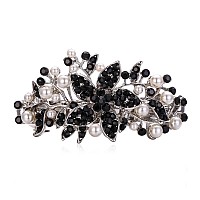 Ever Faith Austrian Crystal Bridal Hibiscus Flower Leaf Cream Simulated Pearl Hair Clip Barrette Black Silvertone