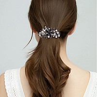 Ever Faith Austrian Crystal Bridal Hibiscus Flower Leaf Cream Simulated Pearl Hair Clip Barrette Black Silvertone