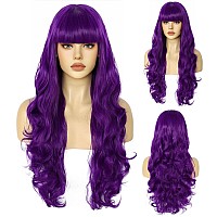 Anogol Hair Cap80Cm32Inch Purple Wig Dark Purple Curly Wig For Anime Cosplay Women Long Purple Wig With Bangs Purple Hair For