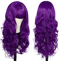 Anogol Hair Cap80Cm32Inch Purple Wig Dark Purple Curly Wig For Anime Cosplay Women Long Purple Wig With Bangs Purple Hair For