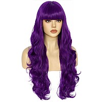 Anogol Hair Cap80Cm32Inch Purple Wig Dark Purple Curly Wig For Anime Cosplay Women Long Purple Wig With Bangs Purple Hair For