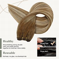 Fshine Hand Tied Weft Hair Extensions Gifts For Women 24 Inch Sew In Hair Extensions 100Gram Full Head Remy Hair Color 6 Bro