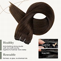 Fshine Hand Tied Weft Hair Extensions Real Human Hair 24 Inch Dark Brown Double Weft Full Head Sew In Hair Extensions Remy Hai