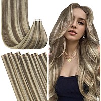 Fshine Hair Extension With Tape 16 Inch Seamless Tape In Extensions Natural Color 8 Ash Brown Highlight 60 Platinum Blonde Human