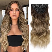 Wecan Clip In Hair Extension 20 Inch Ombre Blonde 6Pcs Natural Long Wavy Curly Hairpieces For Women Thick Synthetic Fiber Double