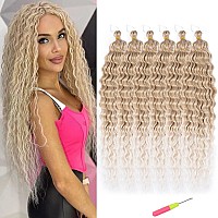 Blonde Curly Crochet Hair Synthetic Crochet Hair 30 Inch 6Packs Ombre Wave Crochet Hair Curly Braiding Hair Extension # Blond mix Platinum