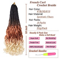 RuiYok French Curl Crochet Braids 8 Packs Ombre Blonde Bohemian Goddess Box Braids Hair with Curly Ends 18 Inch Synthetic Loose Wave Bouncy Braiding Hair for Women