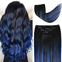 18 Clip In Hair Extensions Remy Human Hair Blue Balayage For Women Silky Straight 100 Real Human Hair 60Grams 4Pieces 1Bb