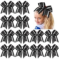 12 Pcs 8 Large Glitter Cheer Bows Shiny Girl Hair Bows Ponytail Holder Sparkly Black Cheerleading Softball Team Bow Hair Acces