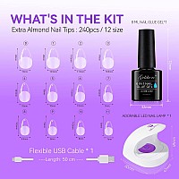 Gelike Ec Gel X Nail Kit 6 In 1 Uv Strong Gel Glue 240Pcs Short Almond Nail Tips And Uv Lamp