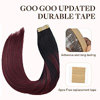 Goo Goo Tape In Hair Extensions Human Hair 199 Balayage Jet Black To Red 12Inch 40G 20Pcs Thick Ends Straight Seamless Tape