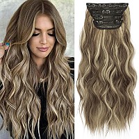 Kookastyle Clip In Synthetic Highlight Hair Extensions Long Wavy 4Pcs Thick Hairpieces Medium Brown Ash Blonde Fiber Double Weft