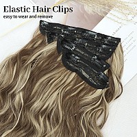 Kookastyle Clip In Synthetic Highlight Hair Extensions Long Wavy 4Pcs Thick Hairpieces Medium Brown Ash Blonde Fiber Double Weft