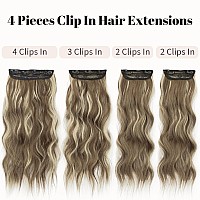 Kookastyle Clip In Synthetic Highlight Hair Extensions Long Wavy 4Pcs Thick Hairpieces Medium Brown Ash Blonde Fiber Double Weft