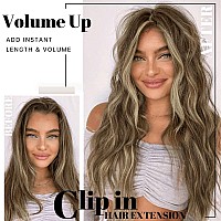 Kookastyle Clip In Synthetic Highlight Hair Extensions Long Wavy 4Pcs Thick Hairpieces Medium Brown Ash Blonde Fiber Double Weft