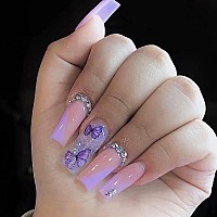 Mervf Press On Nails Long Coffin Fake Nails Purple French Tip Ballerina Acrylic Nails Press Ons With Glitter Rhinestones Designs