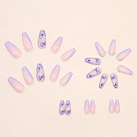 Mervf Press On Nails Long Coffin Fake Nails Purple French Tip Ballerina Acrylic Nails Press Ons With Glitter Rhinestones Designs