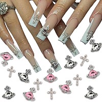 25 Pcs Planet Nail Art Charms White Pink 3D Cross Nail Art Supplies With Rhinestones Saturn Shape Design Nail Gems Shiny Nail Je