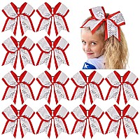 12 Pcs 8 Large Glitter Cheer Bows Shiny Girl Hair Bows Ponytail Holder Sparkly Red Cheerleading Softball Team Bow Hair Accessor