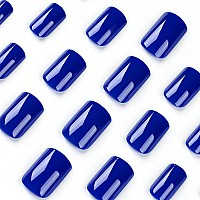 Sapphire Blue Press On Nails Medium Short Square Xcreando Salon Like Coffin Fake Nails With Solid Color Seamless Soft Gel Stick