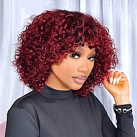 Imayli Short Wigs For Black Women Glueless Ombre Curly Bob Human Hair Wigs With Bangs 200 Density Burgundy Deep Wave Bob Wig Wit