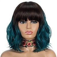 Noble Synthetic Curly Bob Wig With Bangs Short Bob Wigs Ombre Brown To Green Color Womens Shoulder Length Wigs Curly Wavy Wig H