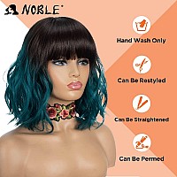 Noble Synthetic Curly Bob Wig With Bangs Short Bob Wigs Ombre Brown To Green Color Womens Shoulder Length Wigs Curly Wavy Wig H