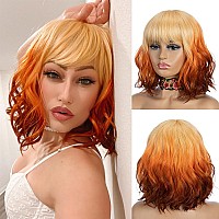 Noble Short Bob Wigs With Bangs For Women 3 Tone Ombre Color Synthetic Shoulder Length Curly Wavy Blonde To Orange To Ginger Wig