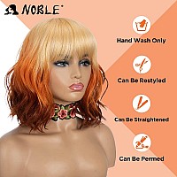 Noble Short Bob Wigs With Bangs For Women 3 Tone Ombre Color Synthetic Shoulder Length Curly Wavy Blonde To Orange To Ginger Wig