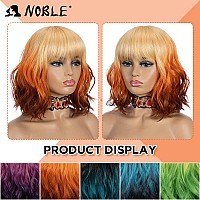 Noble Short Bob Wigs With Bangs For Women 3 Tone Ombre Color Synthetic Shoulder Length Curly Wavy Blonde To Orange To Ginger Wig