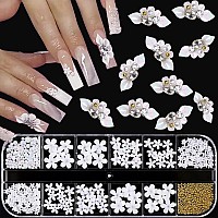 Votacos Nail Art Charms 3D Flower Nail Charms For Acrylic Nails White Gold Nail Art Supplies Luxurious Gems Rhinestones Pearls D