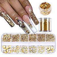 Votacos Nail Art Rhinestones Flatback Rhinestones Gold Nail Charms Multi Shapes Crystal Nail Art Supplies Mixed Nail Glitter Gol