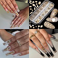 Votacos Nail Art Rhinestones Flatback Rhinestones Gold Nail Charms Multi Shapes Crystal Nail Art Supplies Mixed Nail Glitter Gol